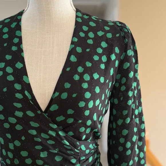 Cynthia Rowley Green Polka Dot Wrap Dress Black Long Sleeve V-Neck Size 0 - Picture 4 of 13